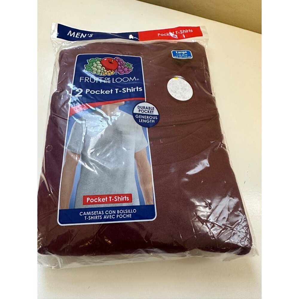Fruit of the Loom men's 2 pack maroon pocket T-shirts in size Large.